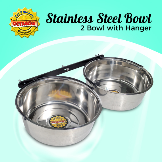 STAINLESS STEEL 2 BOWL WITH HANGER FOR DOG